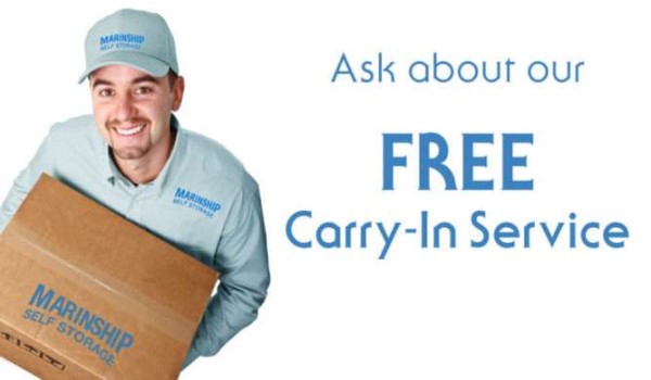 man holding box next to text that says ask about our free carryin service