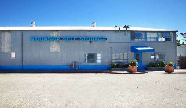 front parking lot and office entry of Marinship Self Storage facility