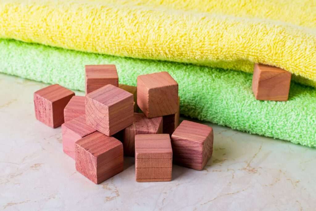 Scented cedar blocks stacked next to towels to repel unwanted pests.