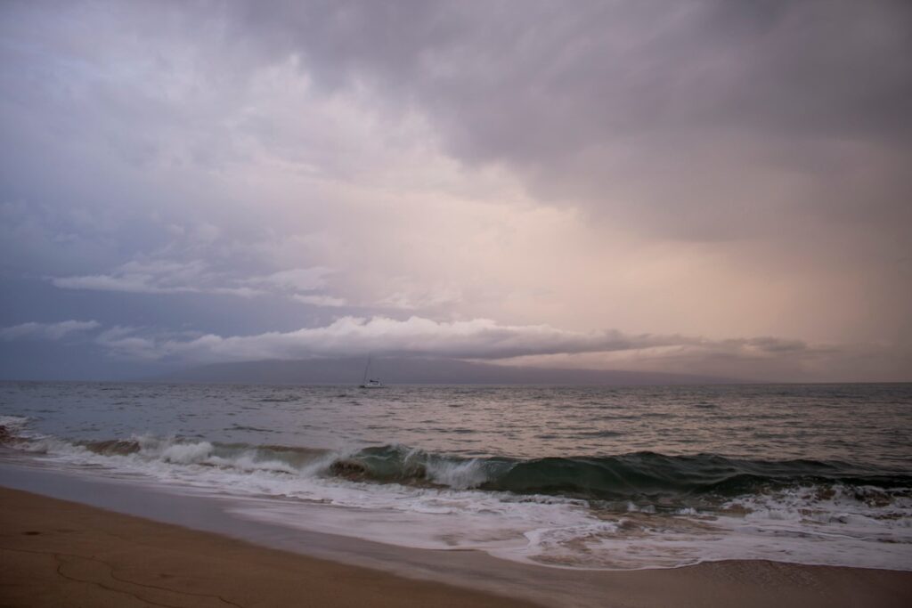 A cloudy sky over the ocean during a tropical storm in Hawaii. 